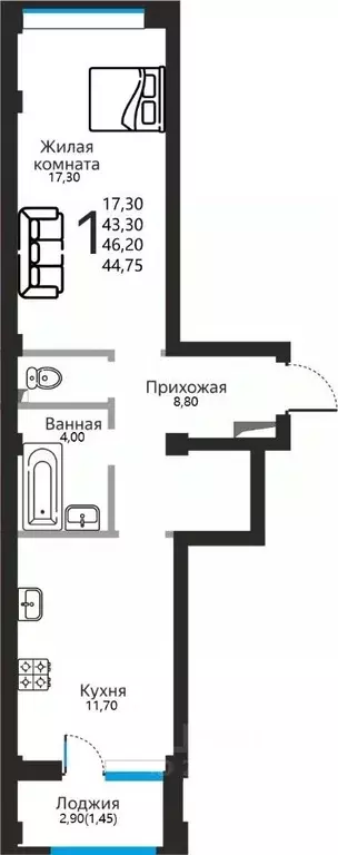 1-к кв. Ставропольский край, Ессентуки ул. Фридриха Энгельса, 53 ... - Фото 1
