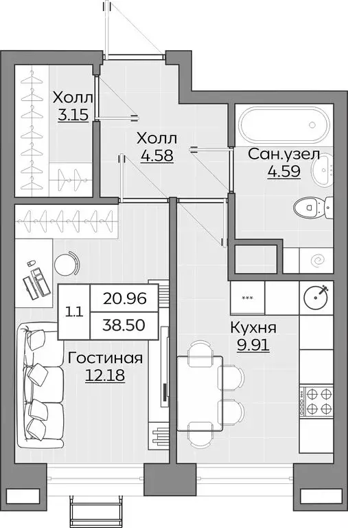 1-комнатная квартира: Казань, ЖК Батталовский (34.41 м) - Фото 0