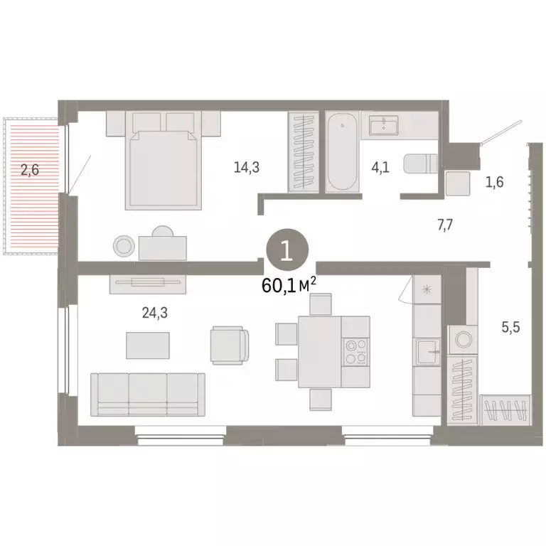 1-комнатная квартира: Тюмень, Мысовская улица, 26к2 (60.05 м) - Фото 1