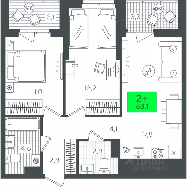 2-к кв. Тюменская область, Тюмень ул. Василия Малкова, 19 (63.17 м) - Фото 0