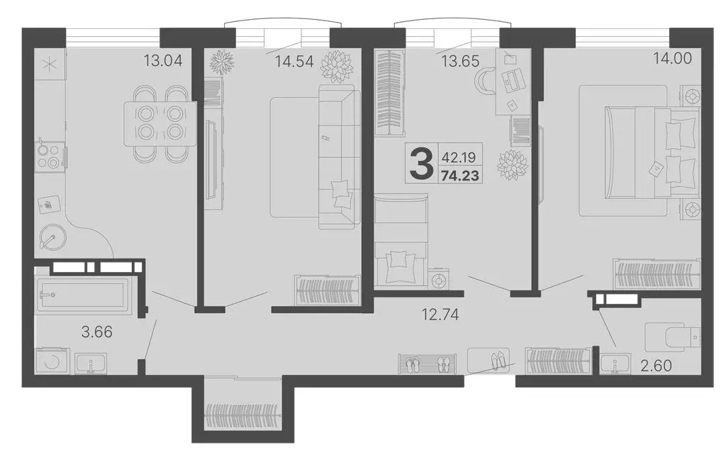 3-комнатная квартира: Сочи, микрорайон КСМ (74.23 м) - Фото 0