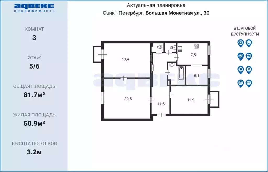 3-к кв. Санкт-Петербург Большая Монетная ул., 30 (81.7 м) - Фото 1