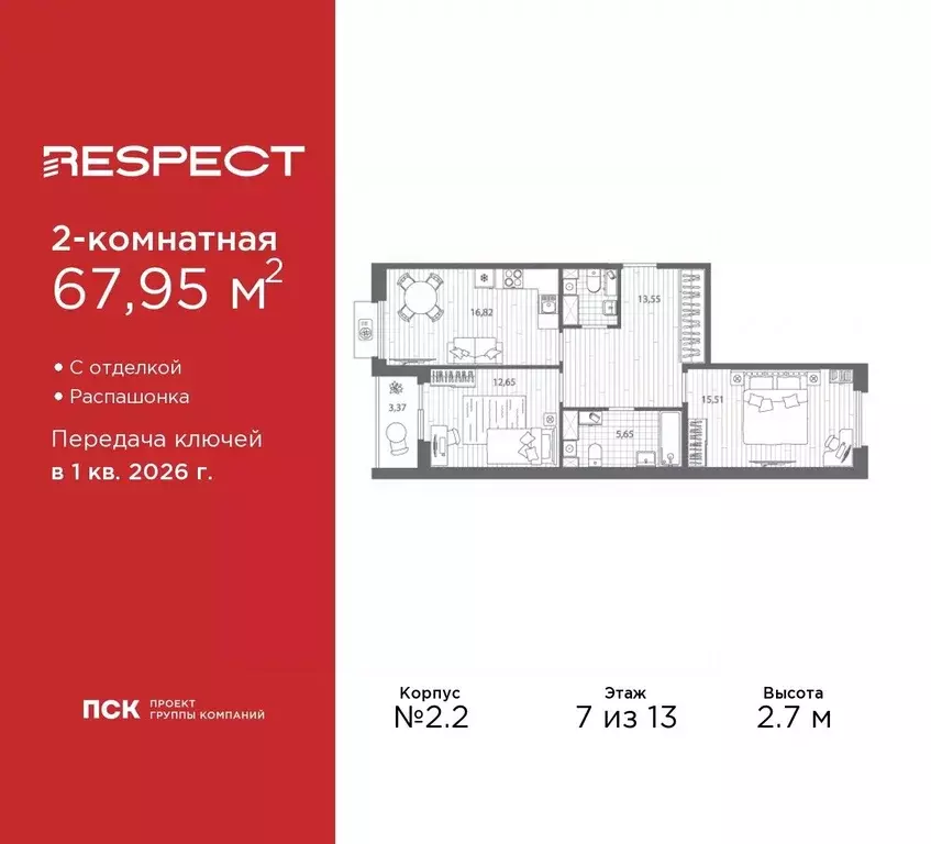 2-к кв. Санкт-Петербург Полюстровский просп. (67.95 м) - Фото 0