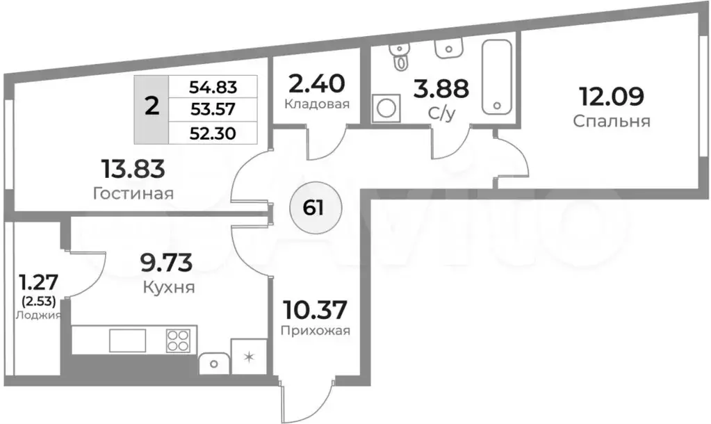 2-к. квартира, 53,6 м, 6/10 эт. - Фото 1