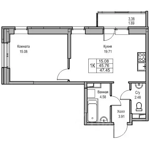1-к кв. Санкт-Петербург ул. Ивинская, 5к2 (47.45 м) - Фото 1