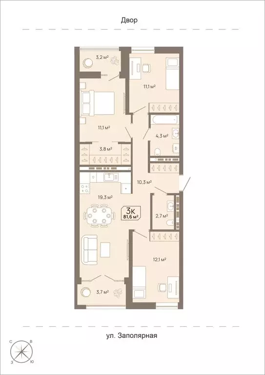 3-комнатная квартира: Тюмень, Заполярная улица, 3 (81.6 м) - Фото 0