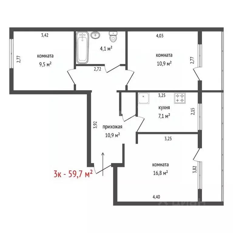 3-к кв. Свердловская область, Екатеринбург ул. Белинского, 179 (59.7 ... - Фото 1