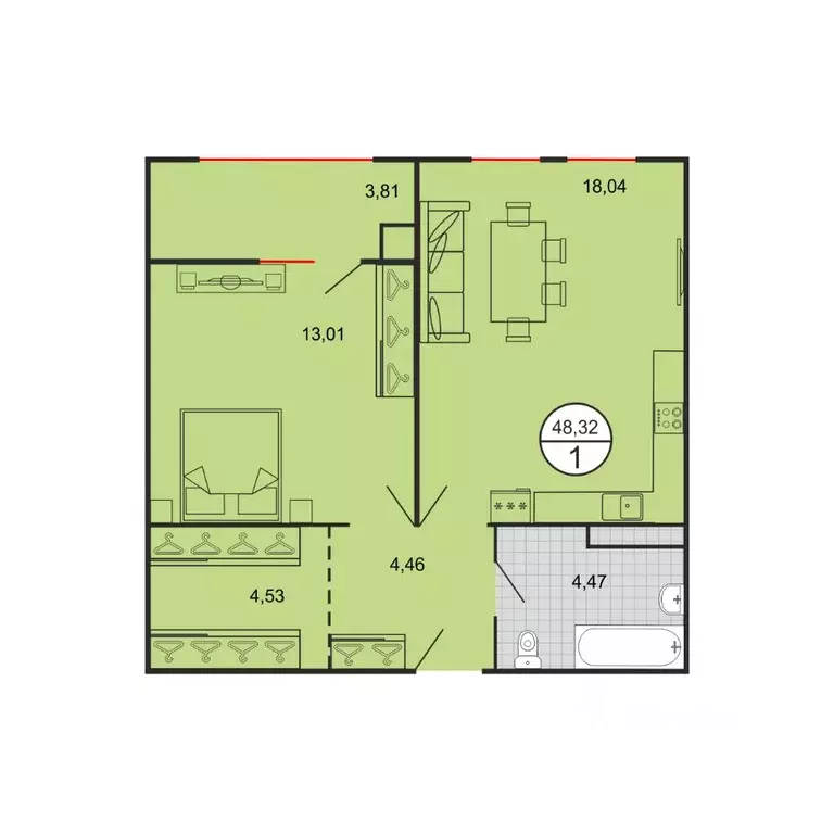 1-к кв. Ставропольский край, Ставрополь № 15 мкр,  (48.32 м) - Фото 1
