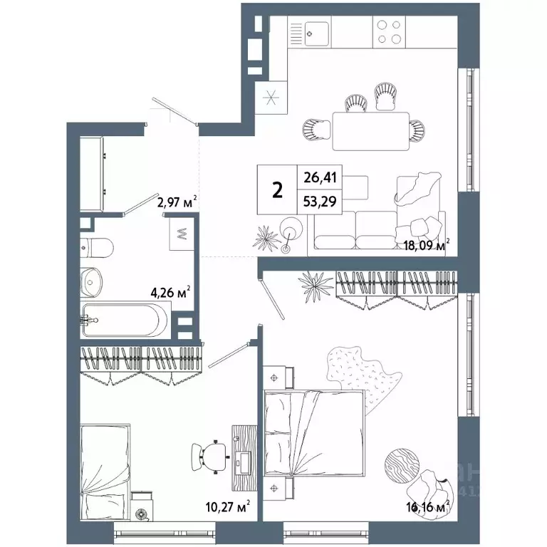 2-к кв. Башкортостан, Уфа 42-й кв-л,  (53.43 м) - Фото 1