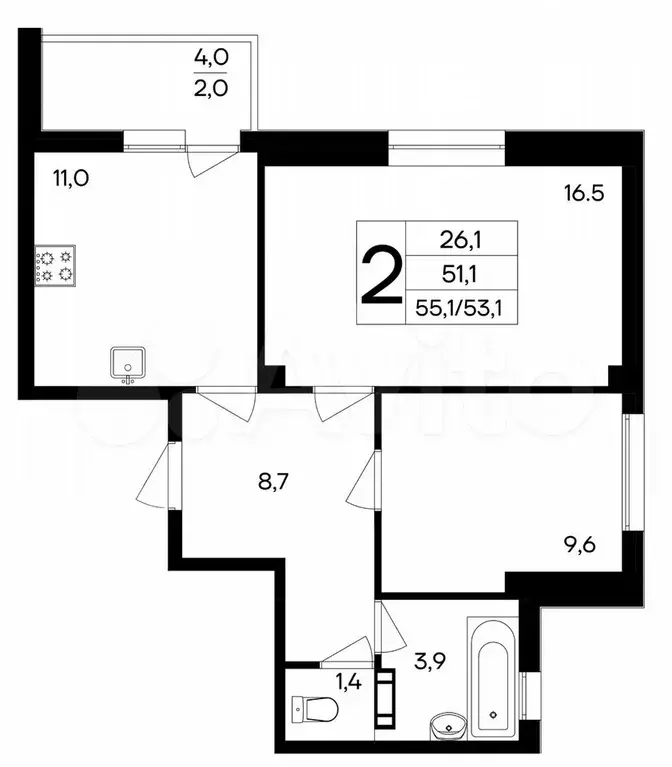 2-к. квартира, 55,1 м, 2/9 эт. - Фото 0