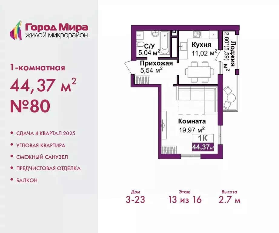 1-к кв. Крым, Симферополь Город Мира жилой комплекс (44.37 м) - Фото 1