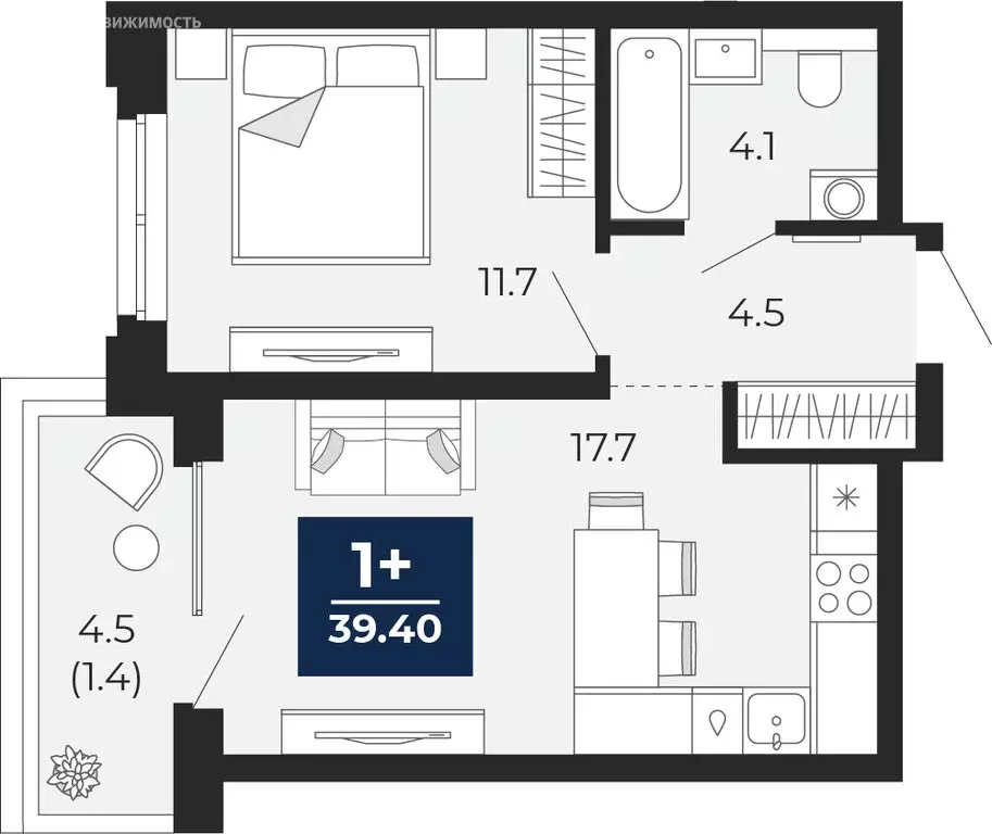 1-комнатная квартира: Тюмень, проезд Капитана Куликова, 7 (42.5 м) - Фото 1