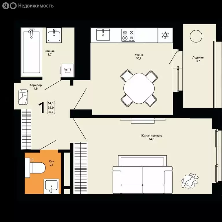 1-комнатная квартира: посёлок Дубовое, Успешная улица (37 м) - Фото 1