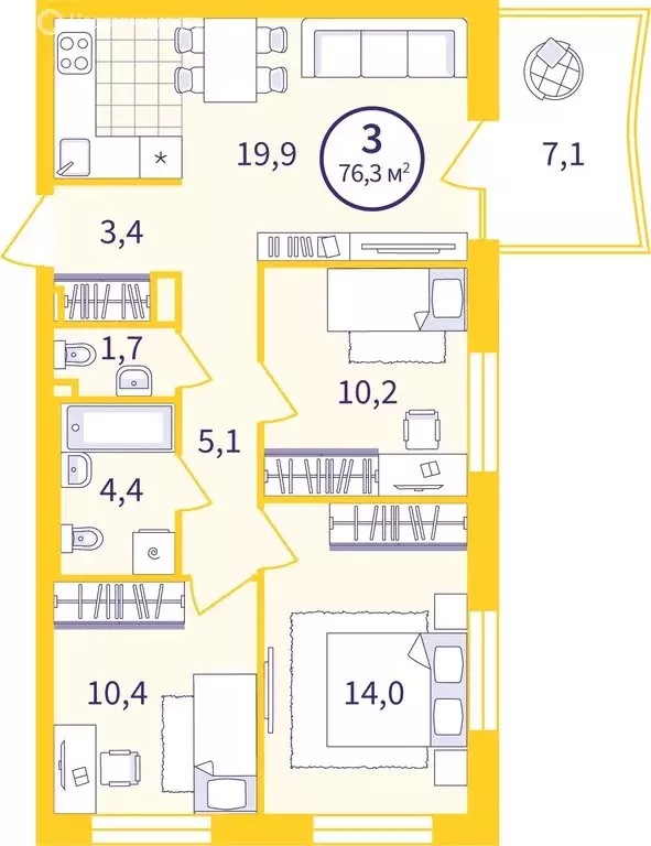 3-комнатная квартира: Екатеринбург, улица Пехотинцев, 1В/2 (71.28 м) - Фото 1
