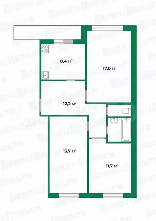 3-к. квартира, 67,9 м, 2/5 эт. - Фото 0