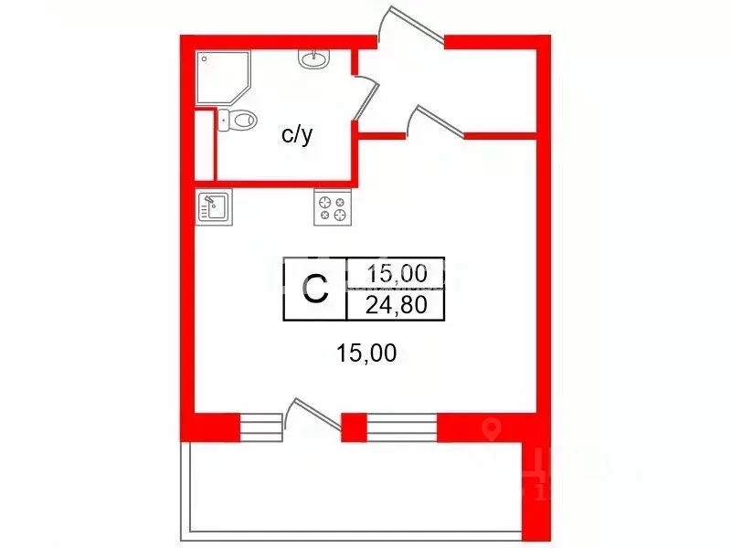 Студия Санкт-Петербург ул. Плесецкая, 16 (24.8 м) - Фото 2