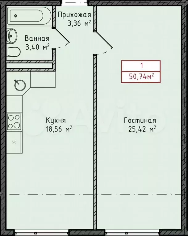 1-к. квартира, 50,7 м, 7/8 эт. - Фото 1