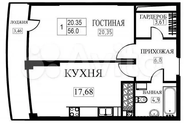 1-к. квартира, 56м, 2/23эт. - Фото 1