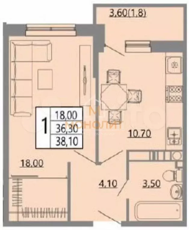1-к. квартира, 35,7 м, 1/9 эт. - Фото 0