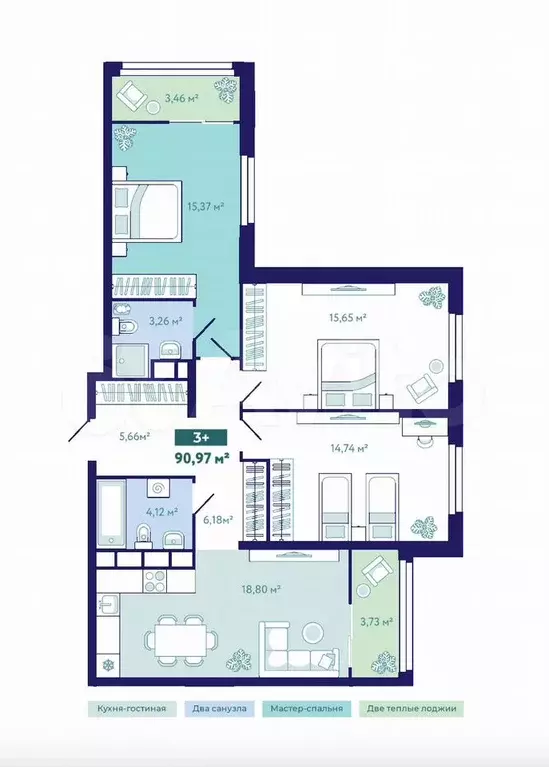 3-к. квартира, 91 м, 3/10 эт. - Фото 1