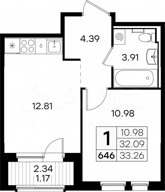 1-к. квартира, 33,3 м, 4/9 эт. - Фото 0