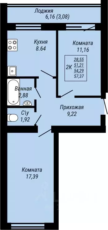 2-к кв. Ивановская область, Иваново Юбилейный жилой комплекс (57.37 м) - Фото 0