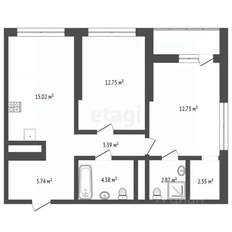 2-к кв. Тюменская область, Тюмень ул. Андрея Приказнова, 1 (57.2 м) - Фото 2