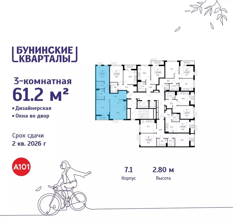 3-к кв. Москва Бунинские Кварталы жилой комплекс, 7.1 (61.2 м) - Фото 1