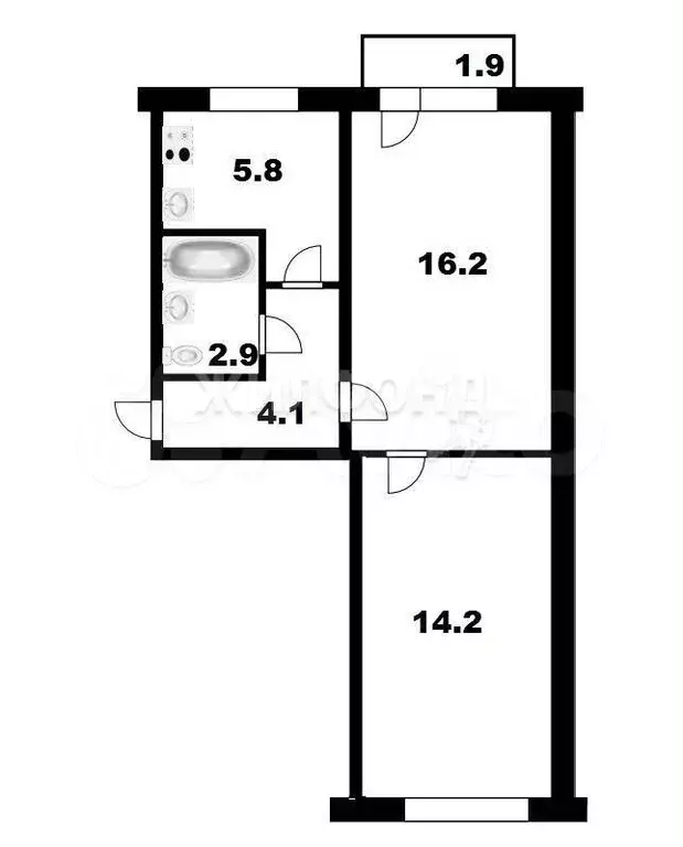 2-к. квартира, 44,1 м, 1/5 эт. - Фото 0