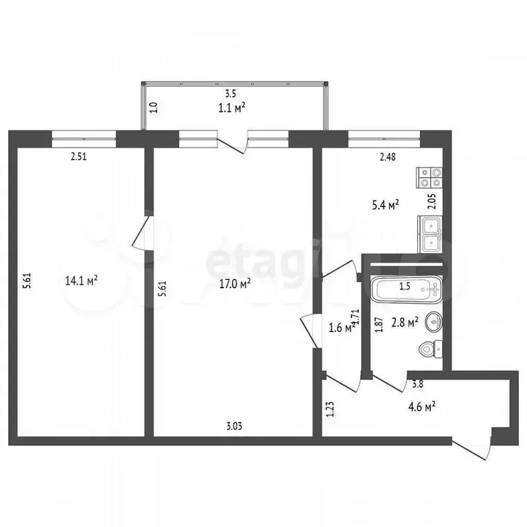 2-к. квартира, 45,5 м, 3/5 эт. - Фото 0