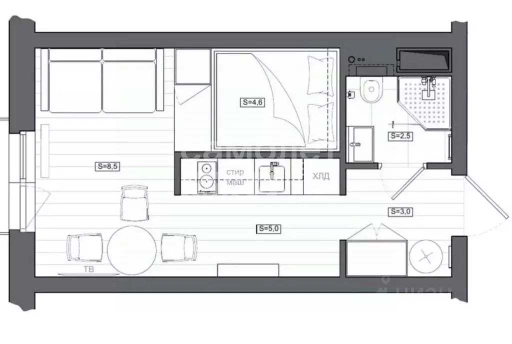 Студия Москва ул. Петра Алексеева, 14 (25.4 м) - Фото 2