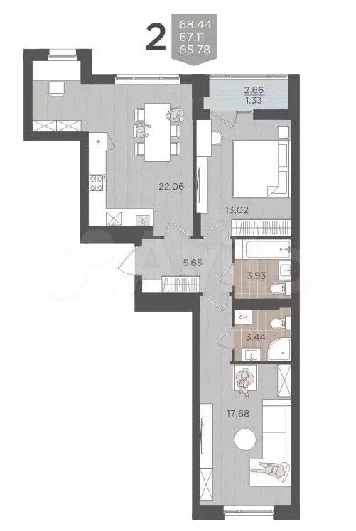 2-к. квартира, 67,1 м, 6/9 эт. - Фото 1