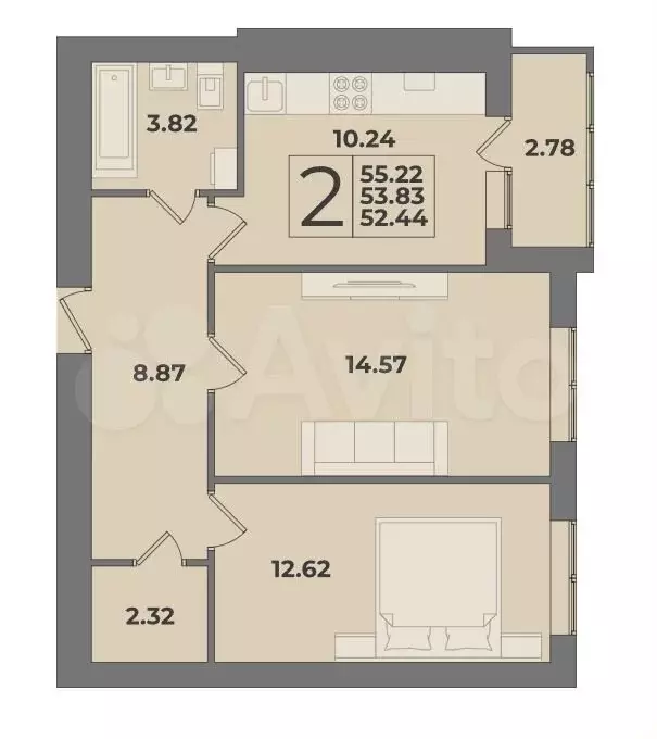 2-к. квартира, 53,8 м, 8/9 эт. - Фото 1
