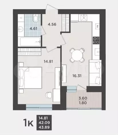 1-к. квартира, 43,9 м, 3/9 эт. - Фото 1