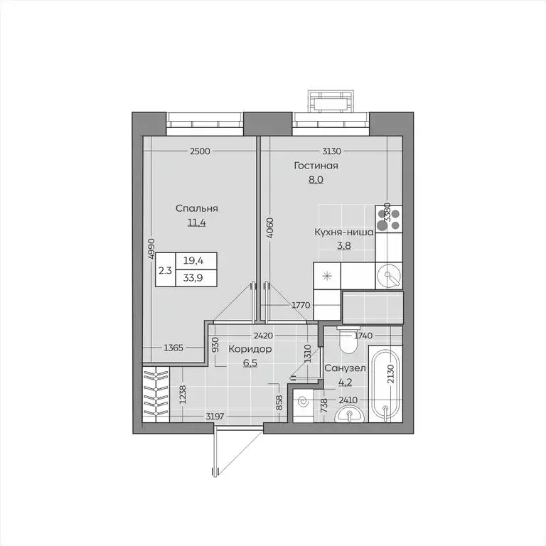 2-комнатная квартира: село Усады, улица Тёплых Встреч, 9 (33.87 м) - Фото 1