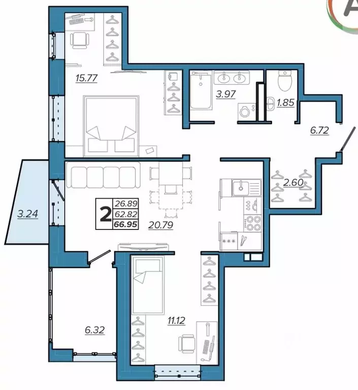 2-к кв. Брянская область, Брянск Московский мкр, Микрорайон Акватория ... - Фото 1