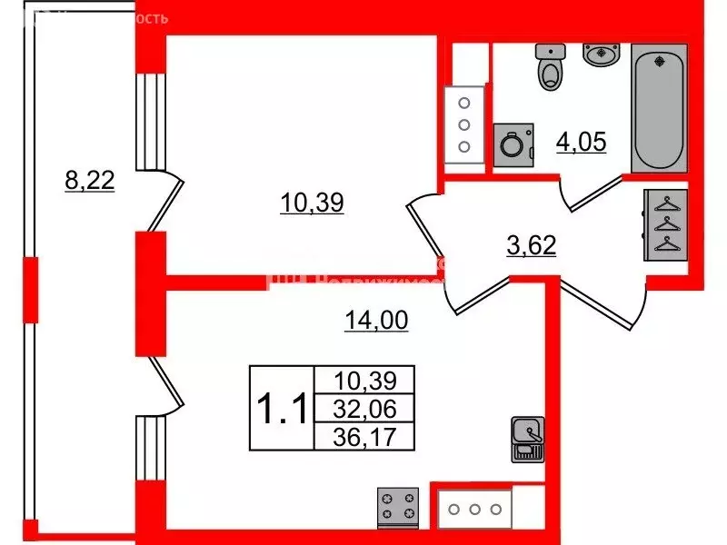 1-комнатная квартира: Санкт-Петербург, Ультрамариновая улица, 5 (36.17 ... - Фото 1