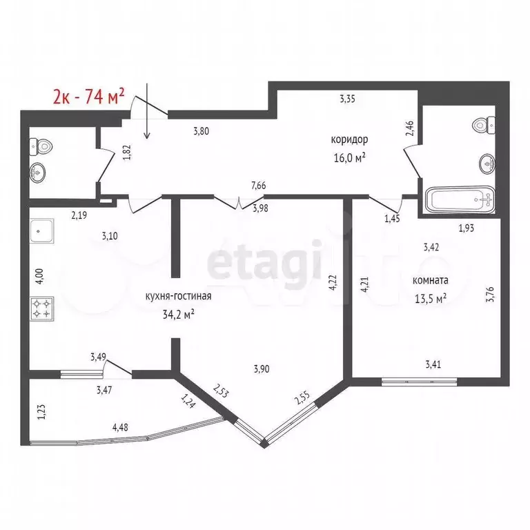 2-к. квартира, 74 м, 7/16 эт. - Фото 0