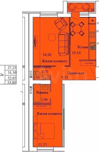 2-к. квартира, 53,8 м, 2/3 эт. - Фото 0