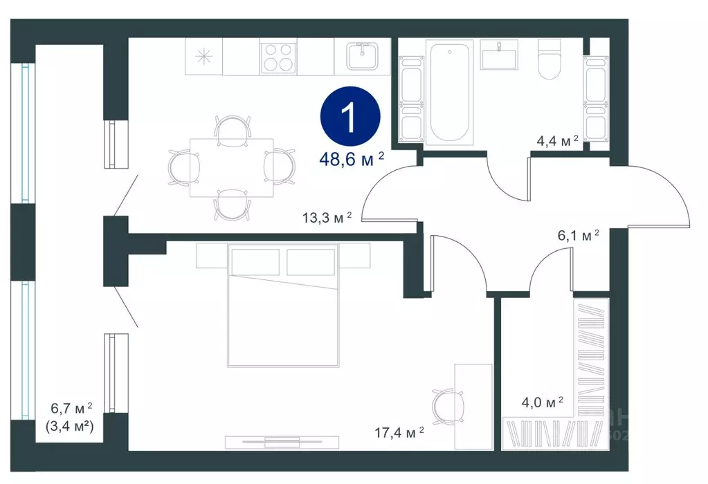 1-к кв. Воронежская область, Воронеж ул. Ворошилова, 19 (48.6 м) - Фото 1