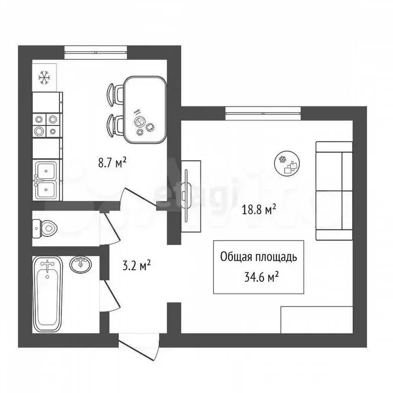 1-к. квартира, 34,6 м, 2/9 эт. - Фото 0
