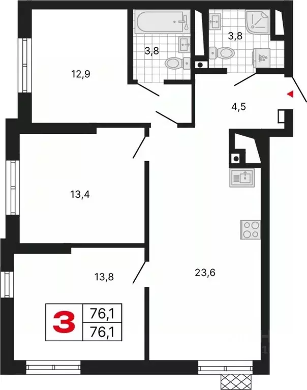 3-к кв. Свердловская область, Екатеринбург ул. Шаумяна, 11 (76.14 м) - Фото 1