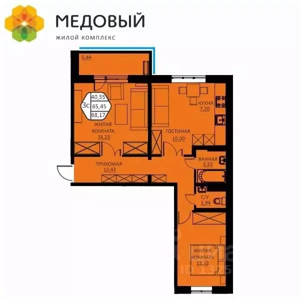 3-к кв. Пермский край, д. Кондратово ул. Н.М. Яблокова, 6 (64.6 м) - Фото 1