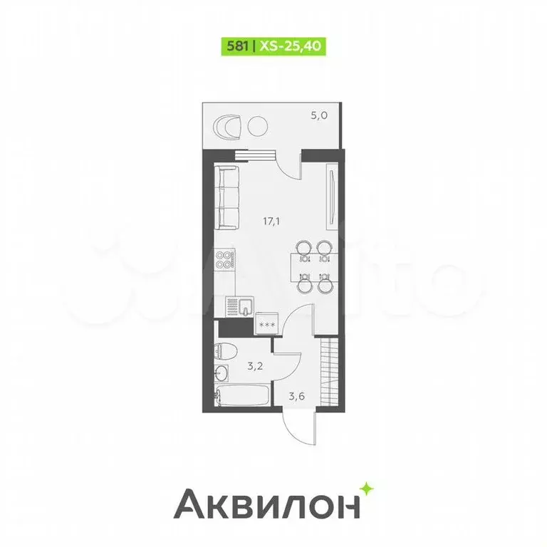 Квартира-студия, 25,4м, 18/25эт. - Фото 1