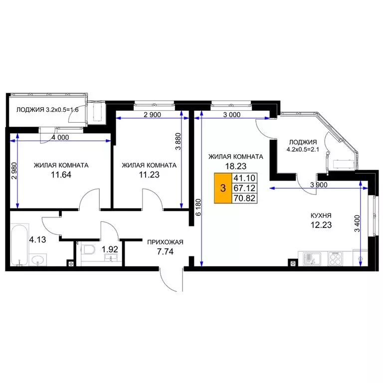 3-комнатная квартира: Краснодар (70.82 м) - Фото 0
