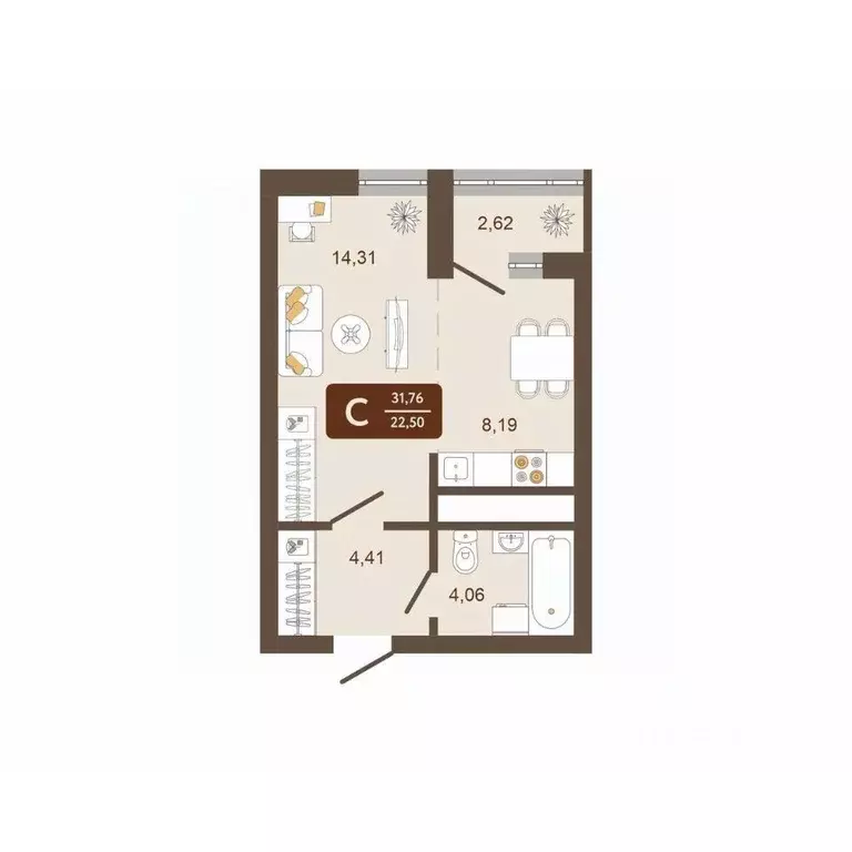 Студия Кемеровская область, Новокузнецк Макеевская ул. (31.76 м) - Фото 2