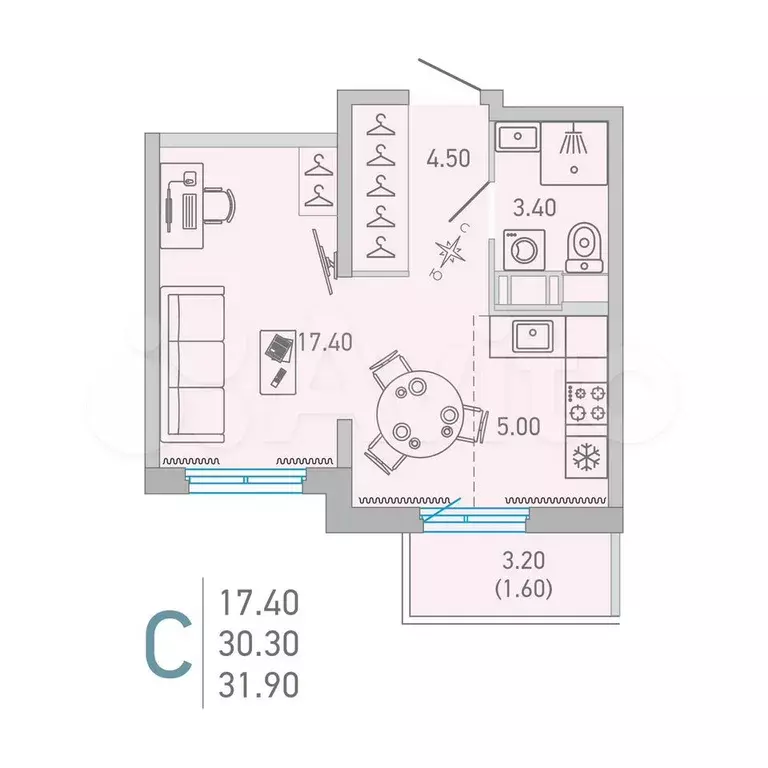 Квартира-студия, 31,9 м, 11/16 эт. - Фото 0