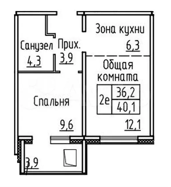 2-к. квартира, 40,1 м, 4/8 эт. - Фото 0