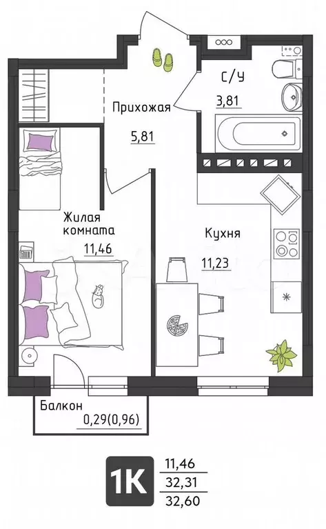 1-к. квартира, 32,6 м, 1/4 эт. - Фото 0