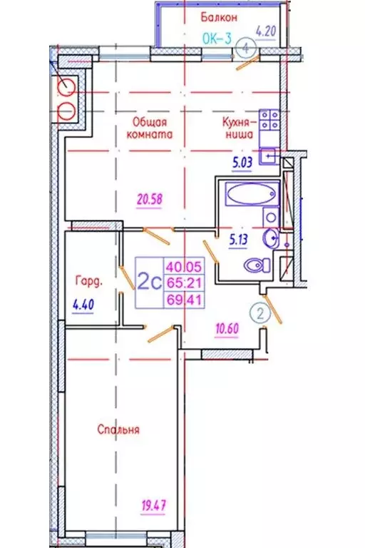 Квартира, 2 комнаты, 69.41 м - Фото 0